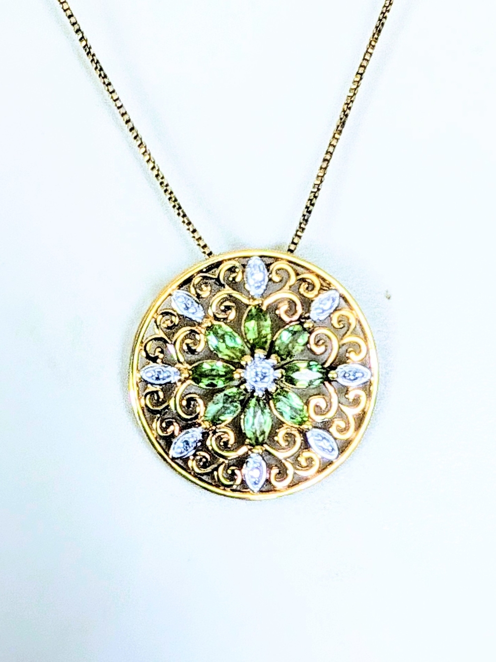 Gold Vermeil Sterling Silver Intricate Peridot Gemstone Mandela Pendant Necklace